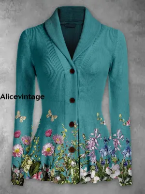 Floral Print Vintage Elegant Lapel V-Neck Button Up Long Sleeve Top