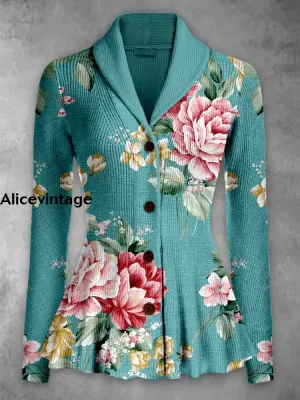 Floral Print Vintage Elegant Lapel V-Neck Button Up Long Sleeve Top