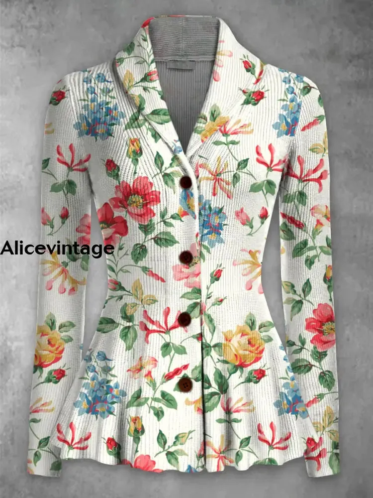Floral Print Vintage Elegant Lapel V-Neck Button Up Long Sleeve Top
