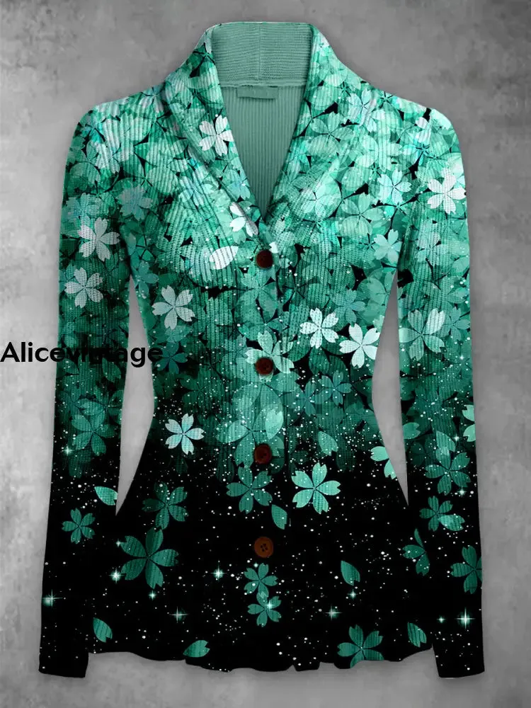 Floral Print Vintage Elegant Lapel V-Neck Button Up Long Sleeve Top