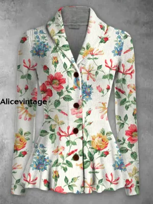 Floral Print Vintage Elegant Lapel V-Neck Button Up Long Sleeve Top