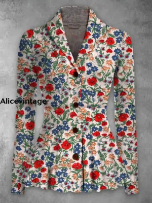 Floral Print Vintage Elegant Lapel V-Neck Button Up Long Sleeve Top