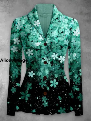 Floral Print Vintage Elegant Lapel V-Neck Button Up Long Sleeve Top