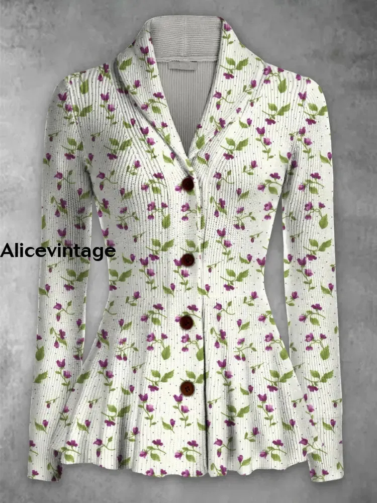 Floral Print Vintage Elegant Lapel V-Neck Button Up Long Sleeve Top