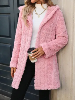 Fuzzy Heart Open Front Hooded Coat for Women | Soft Polyester Outerwear with Easy Care