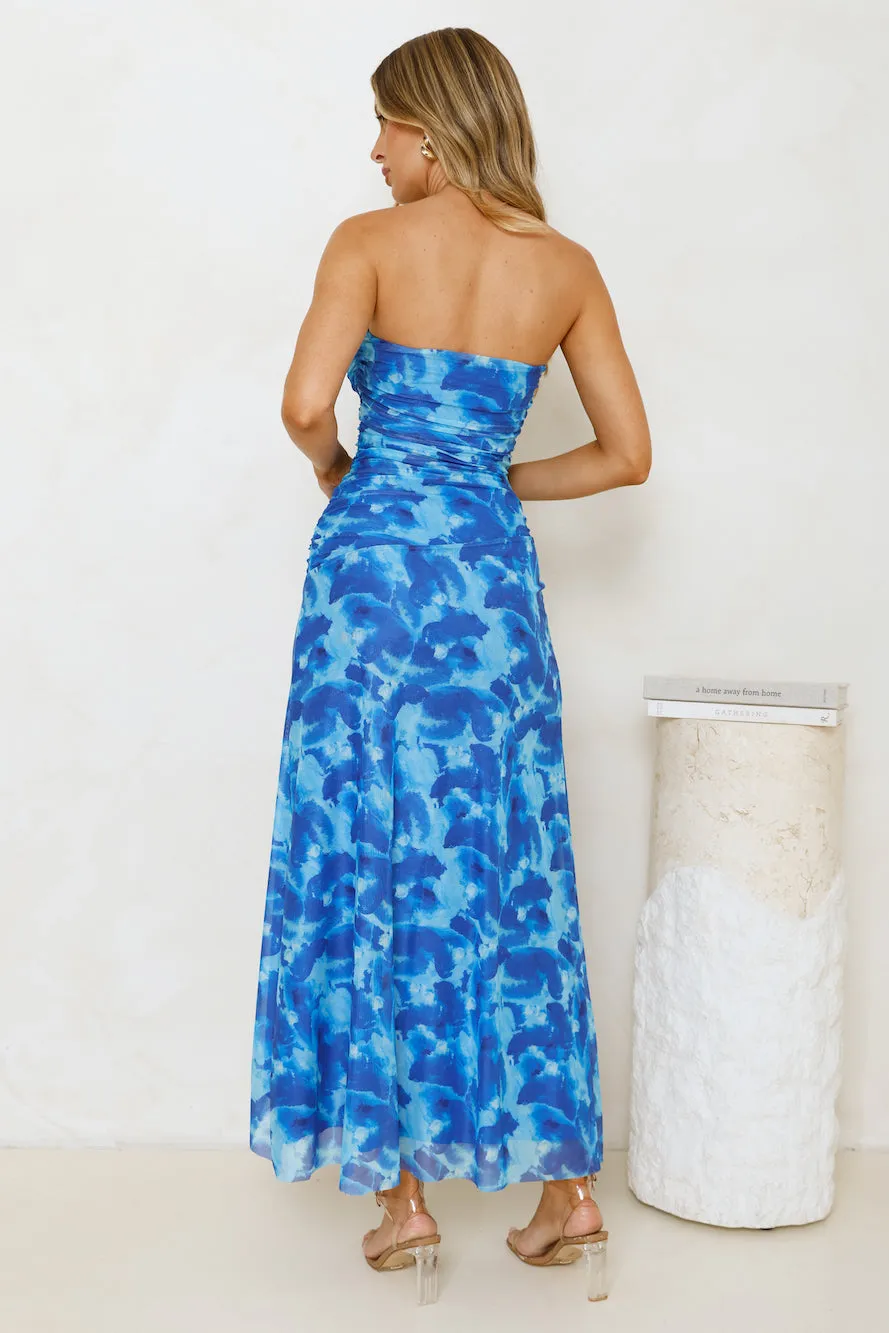 Gatsby Glow Strapless Mesh Maxi Dress Blue