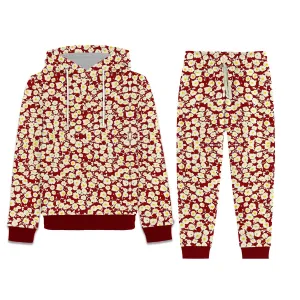 Girl's Allover Floral Printed Fleece Hoodie Twin Set - Red
