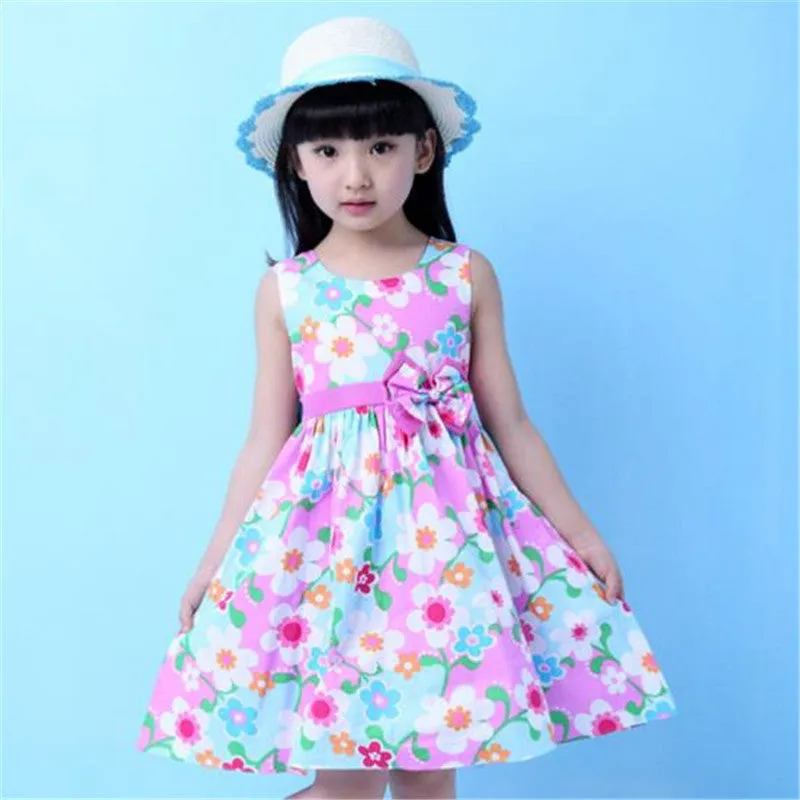 Girls Dress Summer Floral Big Bow Cotton Sleeveless Kids Flower Sundress Party Birthday Lovely Girls Clothes