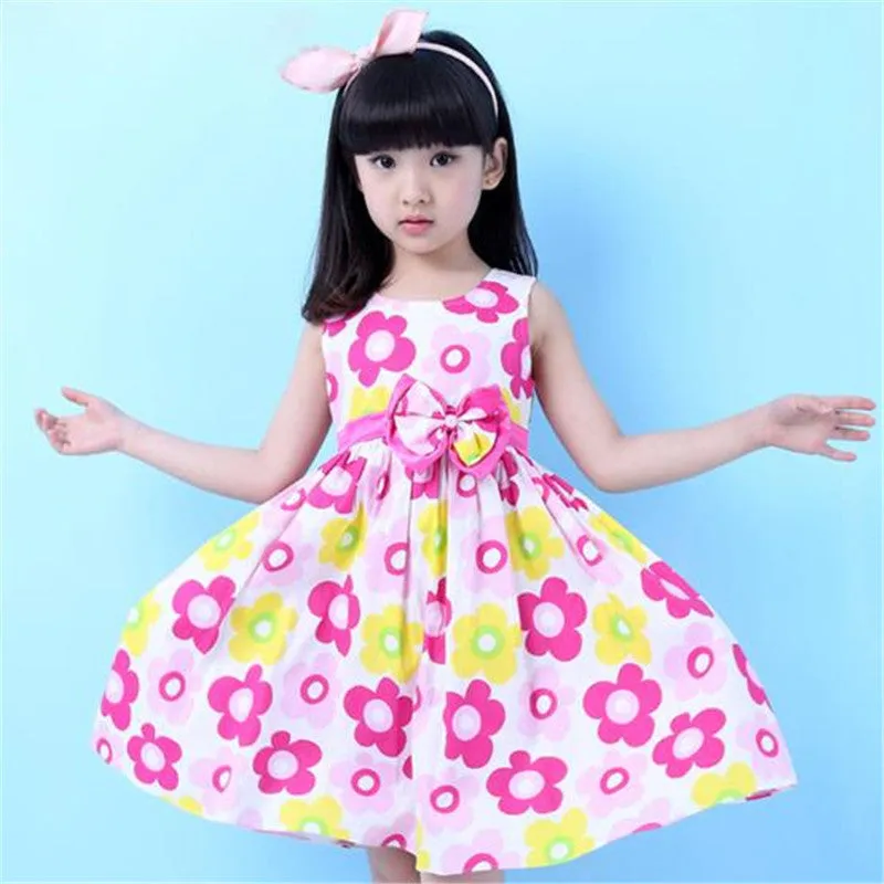 Girls Dress Summer Floral Big Bow Cotton Sleeveless Kids Flower Sundress Party Birthday Lovely Girls Clothes