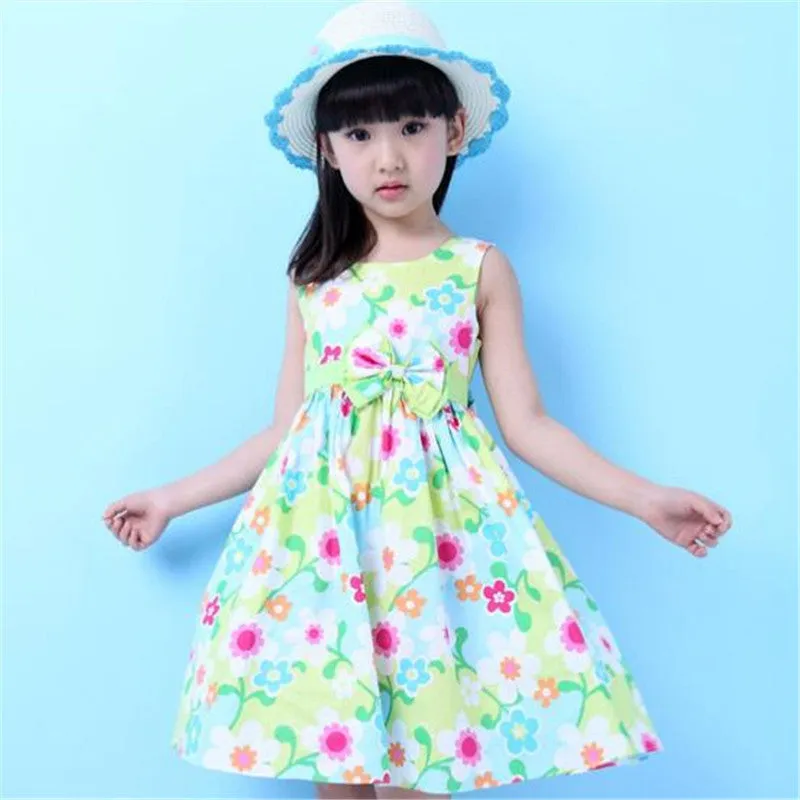 Girls Dress Summer Floral Big Bow Cotton Sleeveless Kids Flower Sundress Party Birthday Lovely Girls Clothes