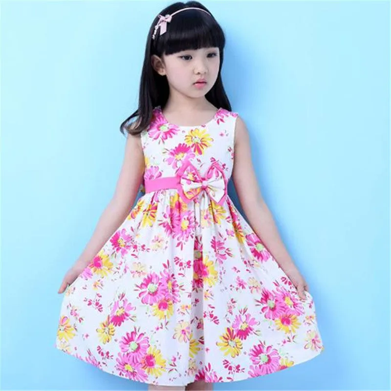 Girls Dress Summer Floral Big Bow Cotton Sleeveless Kids Flower Sundress Party Birthday Lovely Girls Clothes