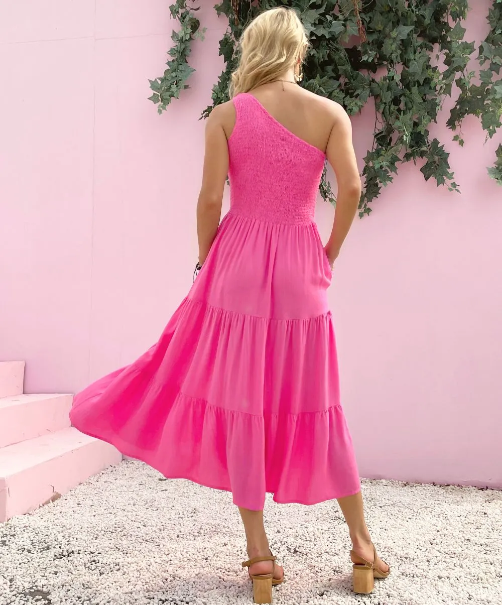 Grace One Shoulder Midi Dress - HOT PINK - SOLD OUT