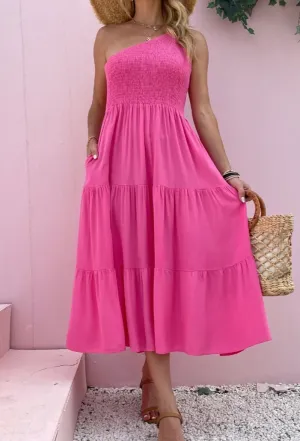 Grace One Shoulder Midi Dress - HOT PINK - SOLD OUT