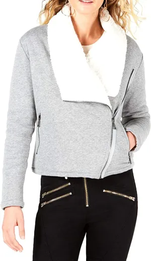GUESS Womens Asymmetrical Sherpa-Lined Moto Coat Gray L