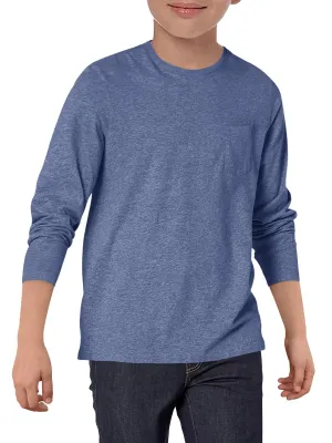Haloumoning Boys Long Sleeve Shirts Kids Crewneck T Shirts Casual Tops Tees with Chest Pocket 5-14 Years Navy Blue