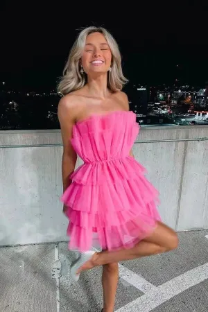 Hot Pink Tulle A-line Strapless Short Homecoming Dresses, Sweet 16 Dress, MH622