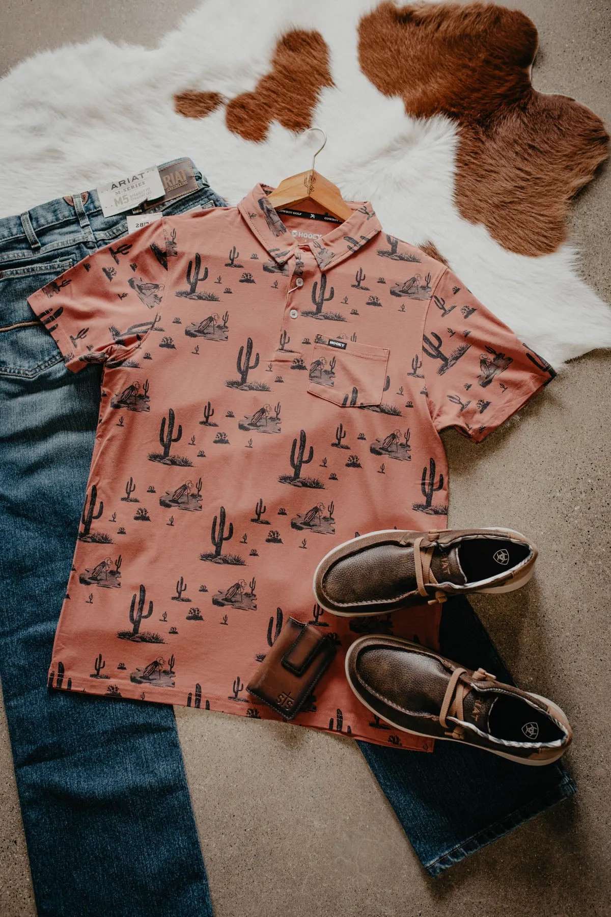 'Hot Shot' Men's Rust Orange Cactus Print Polo Shirt (XXL Only)