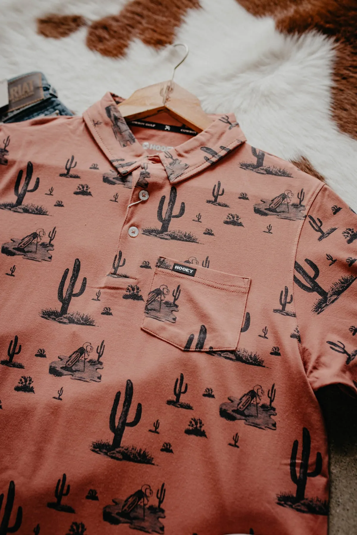 'Hot Shot' Men's Rust Orange Cactus Print Polo Shirt (XXL Only)
