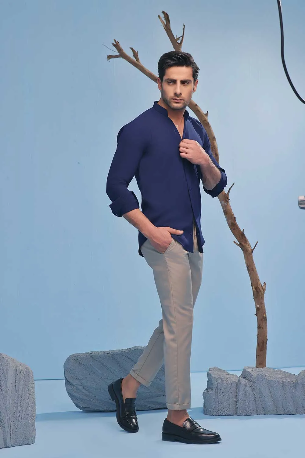 Imperial Blue Seersucker Open V-Neck Collared Shirt