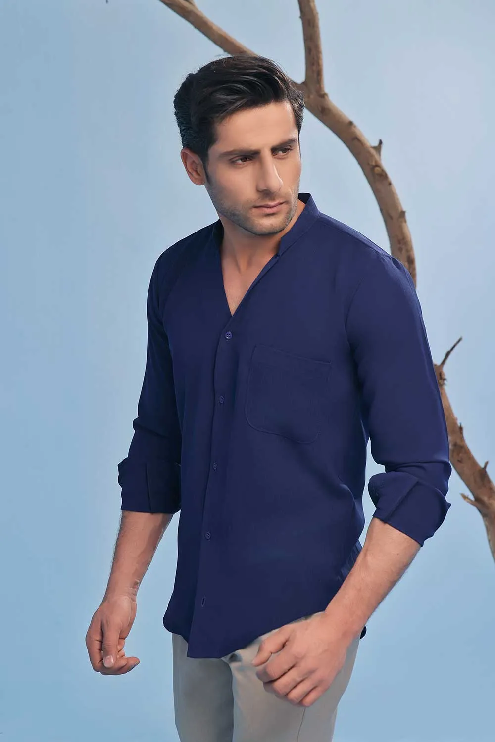 Imperial Blue Seersucker Open V-Neck Collared Shirt