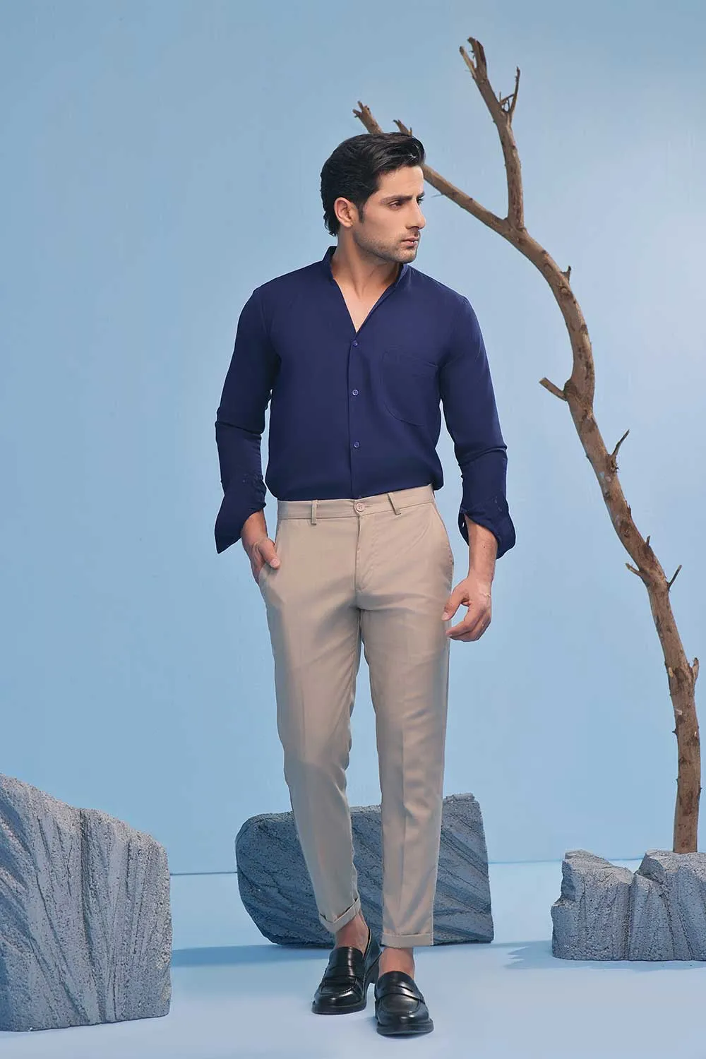 Imperial Blue Seersucker Open V-Neck Collared Shirt