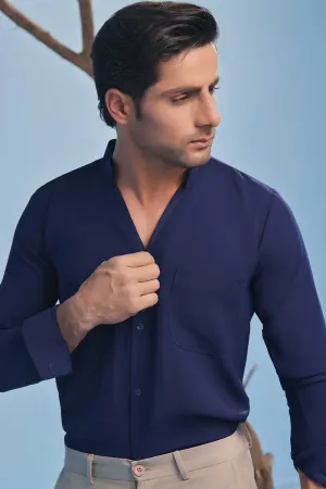 Imperial Blue Seersucker Open V-Neck Collared Shirt