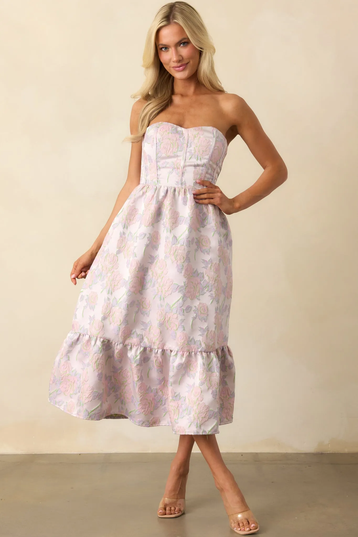 In The Spotlight Lavender Floral Jacquard Strapless Midi Dress