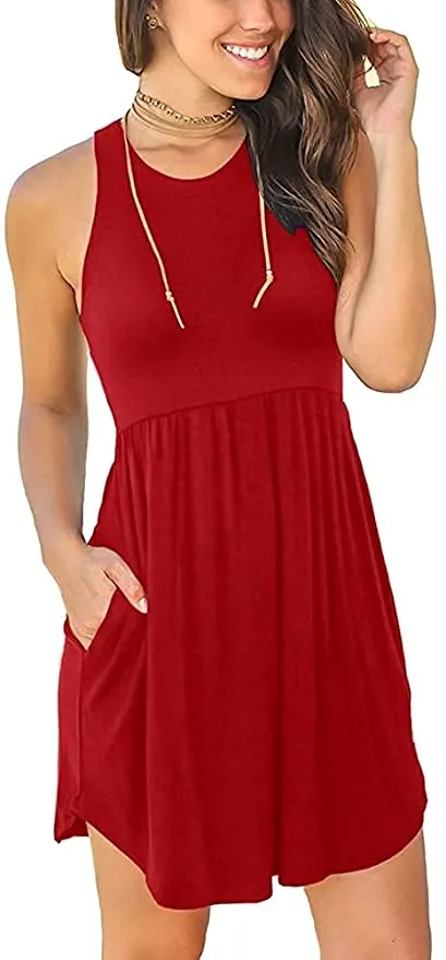 isermeo Women's Summer Sleeveless Casual Dresses Swing Cover Up Elastic Sundress Beach Tank Dress with Pockets XXL