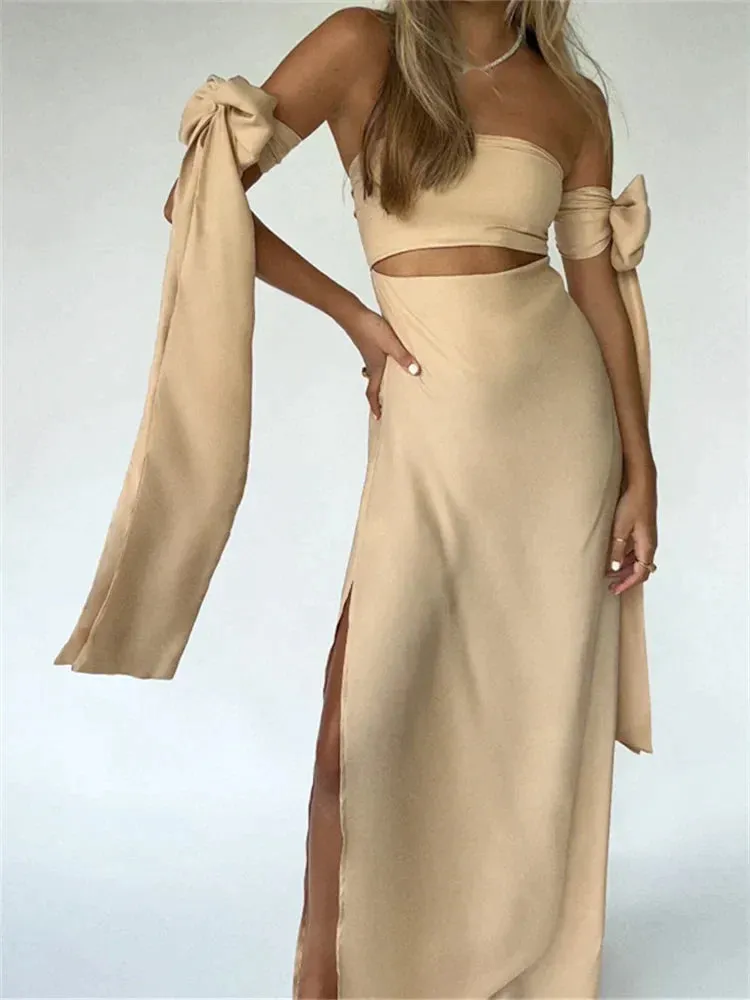 JazzHer-2024 Strapless Off Shoulder Sexy Women Split  Elegant Cut Out Slim Fit Solid Summer Female Vestidos