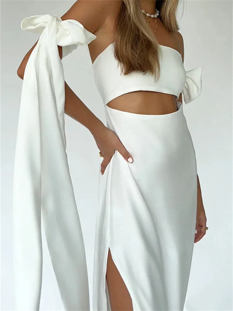 JazzHer-2024 Strapless Off Shoulder Sexy Women Split  Elegant Cut Out Slim Fit Solid Summer Female Vestidos