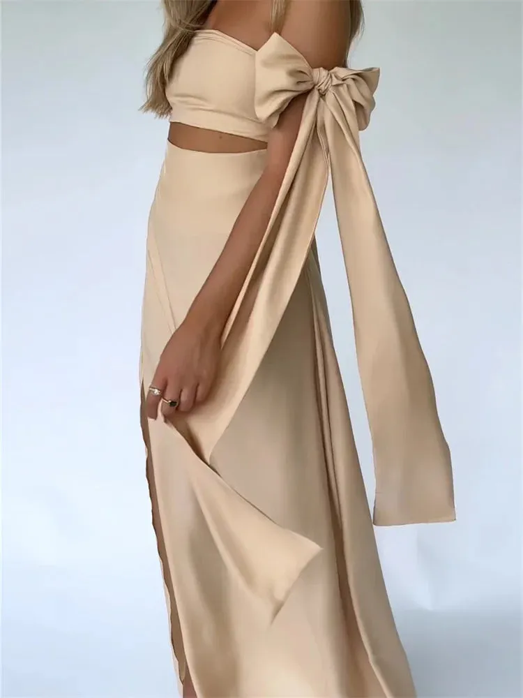 JazzHer-2024 Strapless Off Shoulder Sexy Women Split  Elegant Cut Out Slim Fit Solid Summer Female Vestidos