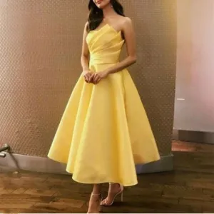 JazzHer Ball Gown Strapless Satin Yellow Ankle Length Homecoming Dress Birthday Dresses (PRE-ORDER)