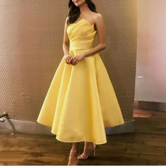 JazzHer Ball Gown Strapless Satin Yellow Ankle Length Homecoming Dress Birthday Dresses (PRE-ORDER)