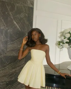 JazzHer Chic A line Strapless Light Yellow Satin Short Party Dresses Homecoming Dresses BD (PRE-ORDER)