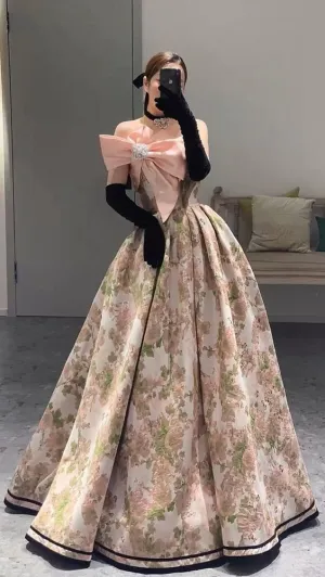 JazzHer Chic Ball Gown Strapless Floral Satin Pink Long Prom Dresses With Bow Party Dress (PRE-ORDER)