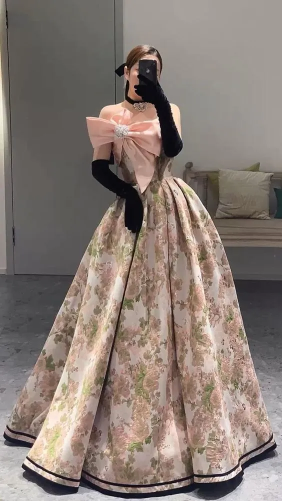 JazzHer Chic Ball Gown Strapless Floral Satin Pink Long Prom Dresses With Bow Party Dress (PRE-ORDER)