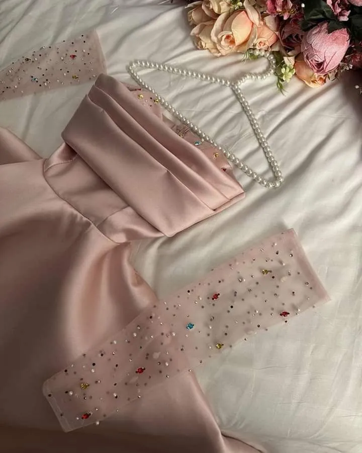 JazzHer Elegant A Line Strapless Pink Satin Prom Dress Evening Dresses With Ruffles (PRE-ORDER)
