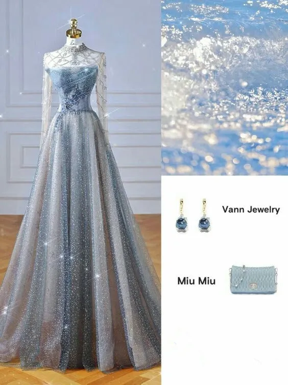 JazzHer Elegant A line Strapless Sequin Blue Prom Dresses With Beads Long Evening Dress (PRE-ORDER)