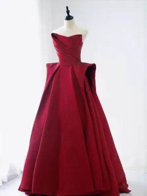 JazzHer Elegant Ball Gown Strapless Burgundy Satin Long Prom Dress Evening Dresses (PRE-ORDER)