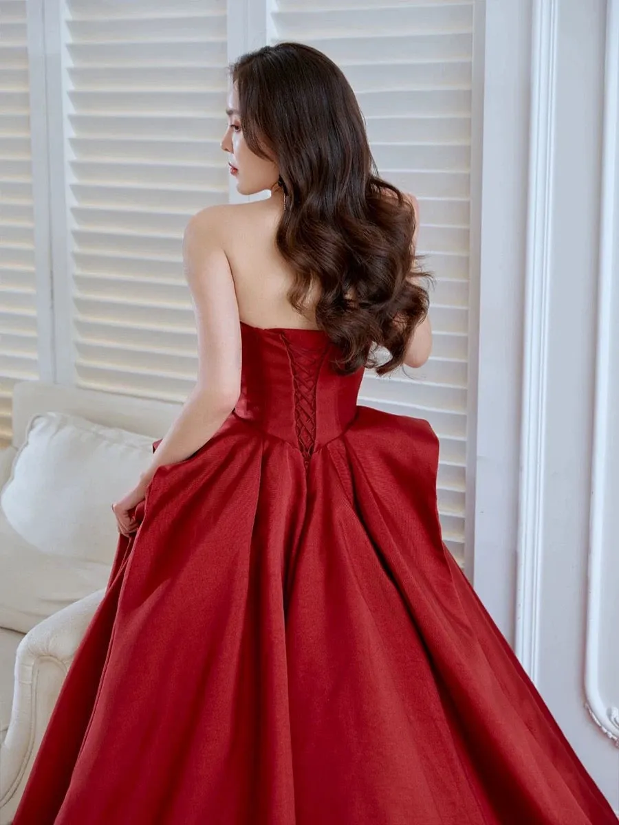 JazzHer Elegant Ball Gown Strapless Burgundy Satin Long Prom Dress Evening Dresses (PRE-ORDER)