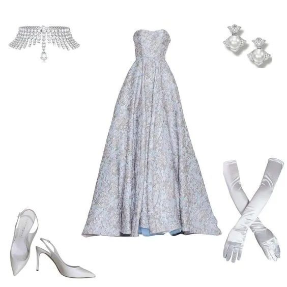 JazzHer Elegant Ball Gown Strapless Light Sky Blue Lace Long Prom Dresses Evening Dress (PRE-ORDER)