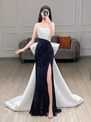 JazzHer Elegant Mermaid Strapless Black Sequin Long Prom Dress Evening Dresses (PRE-ORDER)