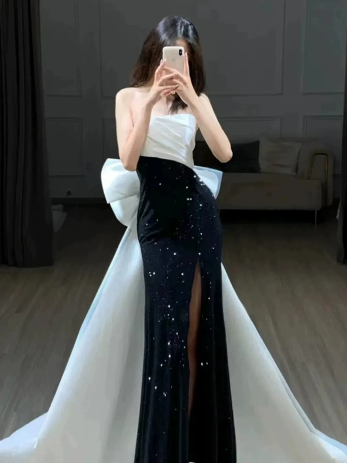 JazzHer Elegant Mermaid Strapless Black Sequin Long Prom Dress Evening Dresses (PRE-ORDER)