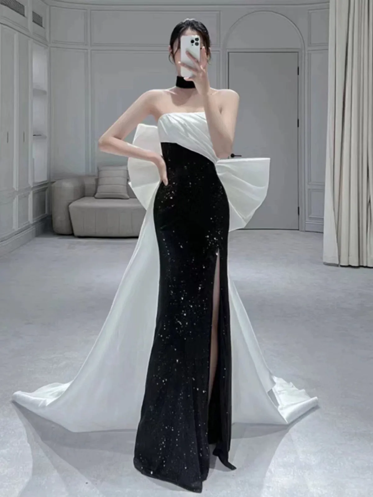 JazzHer Elegant Mermaid Strapless Black Sequin Long Prom Dress Evening Dresses (PRE-ORDER)