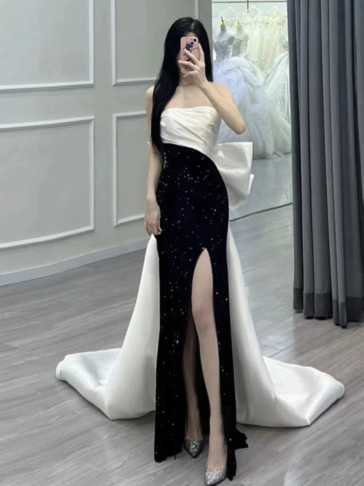 JazzHer Elegant Mermaid Strapless Black Sequin Long Prom Dress Evening Dresses (PRE-ORDER)