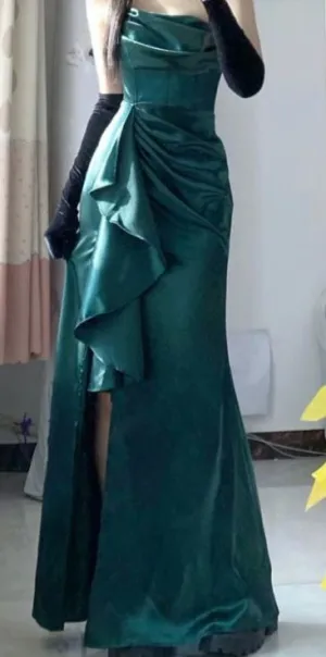 JazzHer Elegant Mermaid Strapless Green Long Length Satin Slit Prom Dresses Birthday Outfits C(PRE-ORDER)