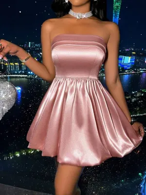 JazzHer Romantic Satin Strapless Pleated Homecoming Dresses Party Dress (PRE-ORDER)