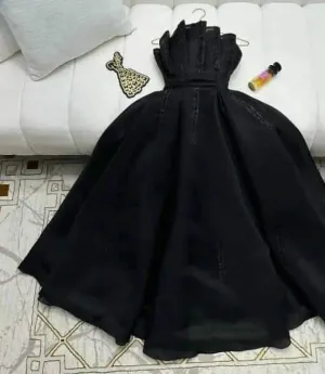 JazzHer Sexy A line Strapless Black Chiffon Evening Dress Long Prom Dresses Party Dress With Ruffles (PRE-ORDER)