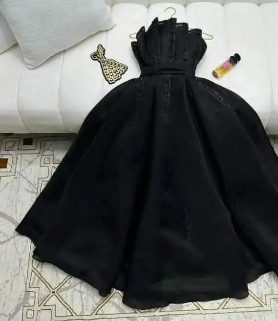 JazzHer Sexy A line Strapless Black Chiffon Evening Dress Long Prom Dresses Party Dress With Ruffles (PRE-ORDER)