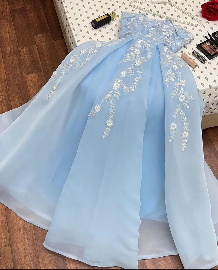 JazzHer Sexy A line Strapless Light Sky Blue Organza Prom Dress With Appliques Long Prom Dresses Party Dress (PRE-ORDER)